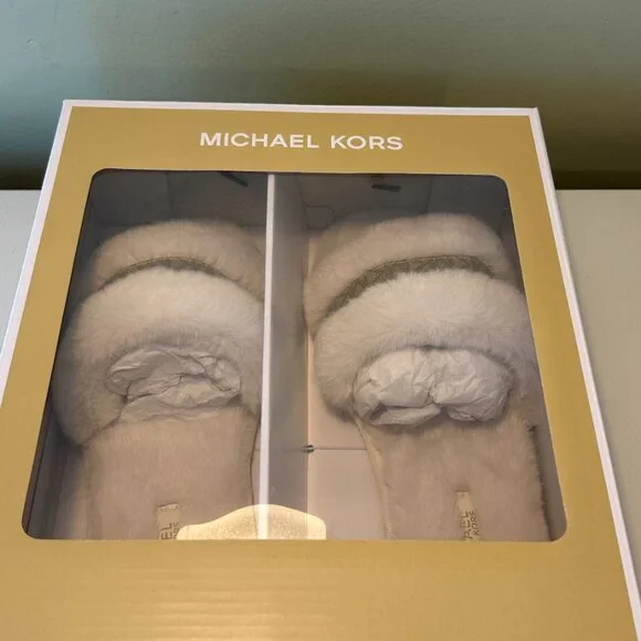 Michael Kors Alexis Faux Fur and Metallic Signature Logo Slide Sandal - Picture 11 of 12